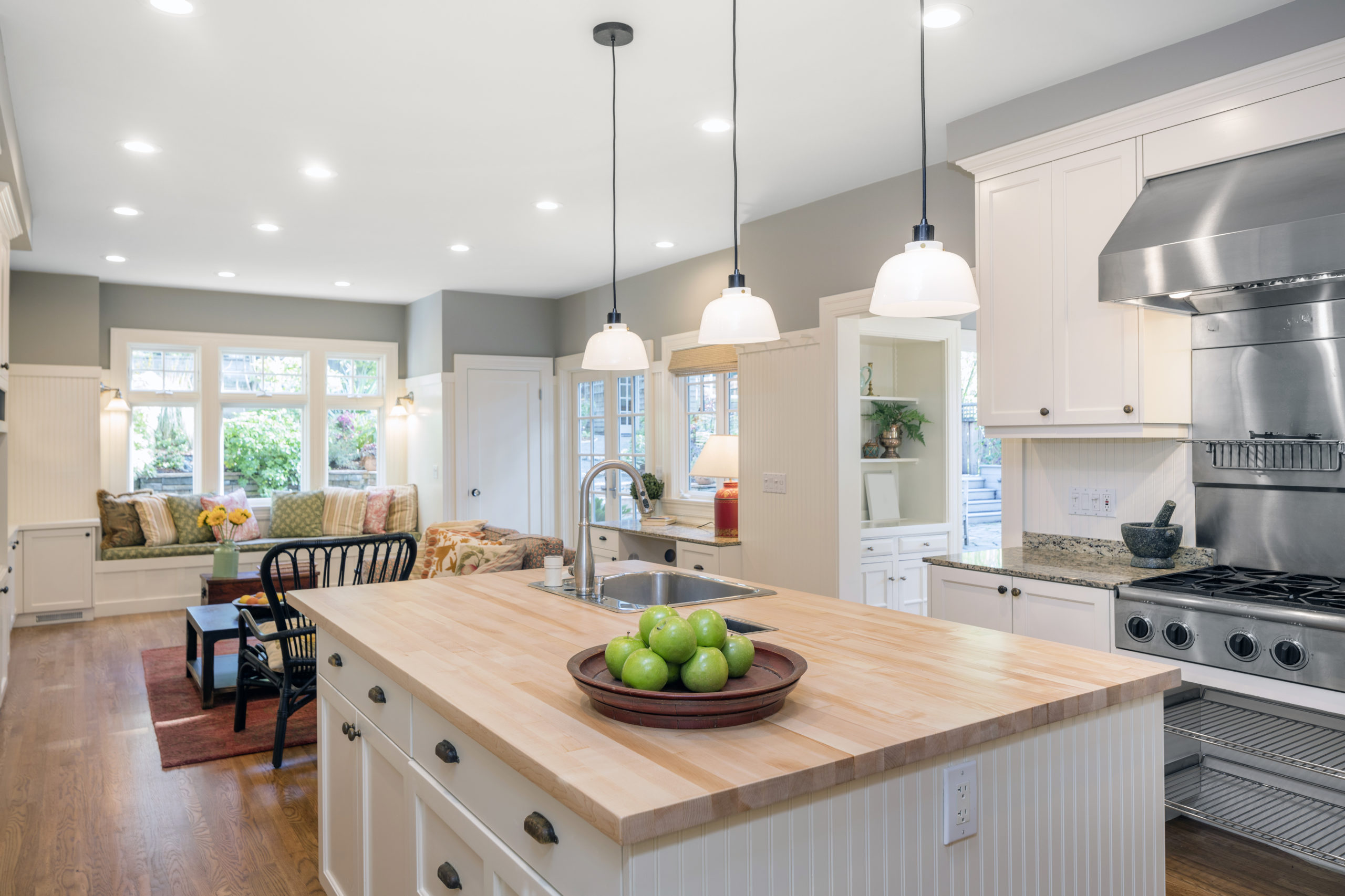 Amazing Luxury Kitchen Interior in white with wooden floor and kitchen island. Springfield IL