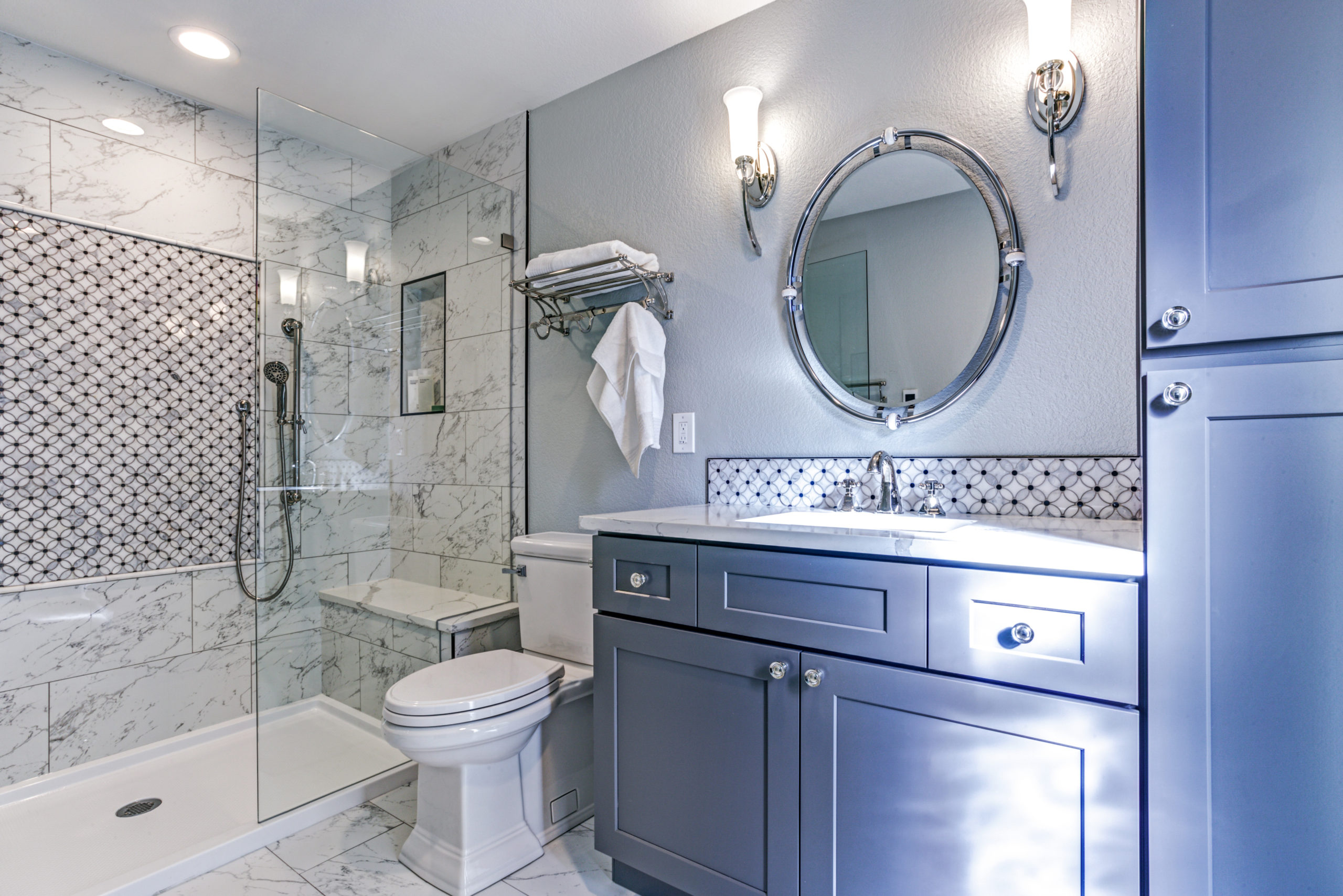 classy modern clean bathroom with Marble shower springfield il